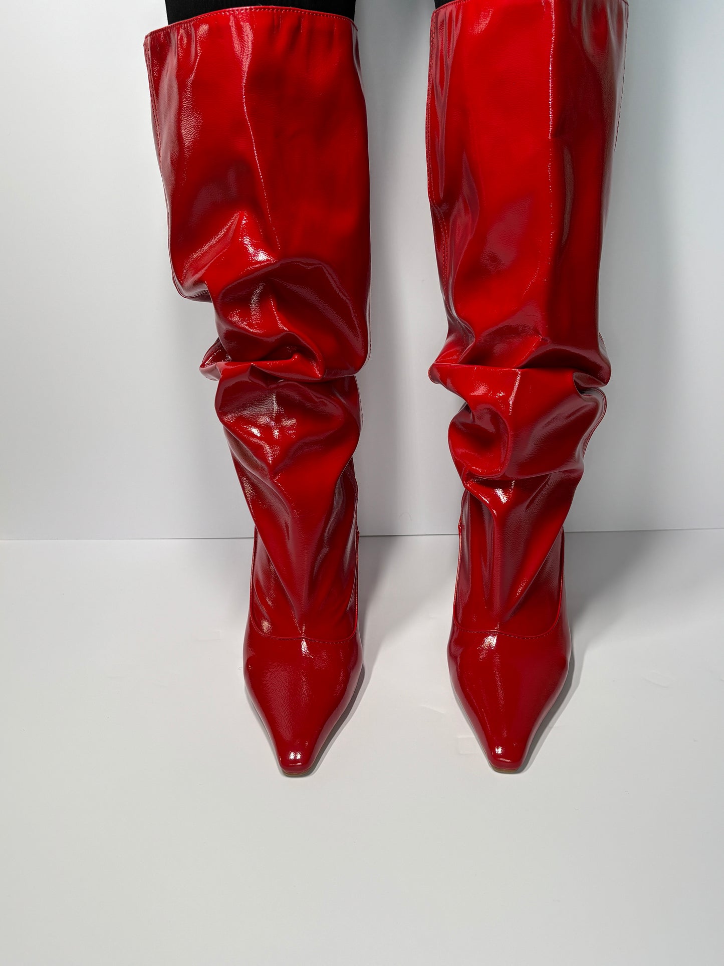 Ruched glossy red boots
